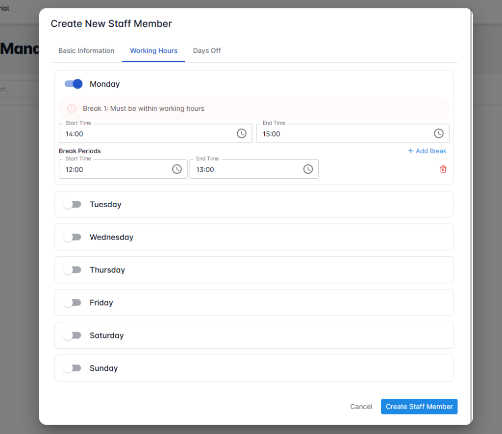 add staff working hours